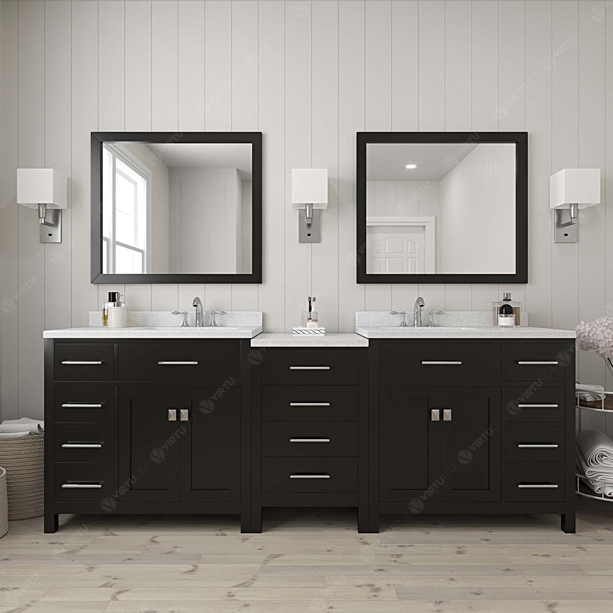 Virtu USA Caroline Parkway 93" Double Bath Vanity with Dazzle White Top and Square Sink with Brushed Nickel Faucet and Mirrors - Luxe Bathroom Vanities Luxury Bathroom Fixtures Bathroom Furniture