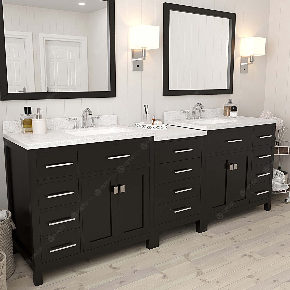 Virtu USA Caroline Parkway 93" Double Bath Vanity with Dazzle White Top and Square Sinks with Brushed Nickel Faucets with Matching Mirror