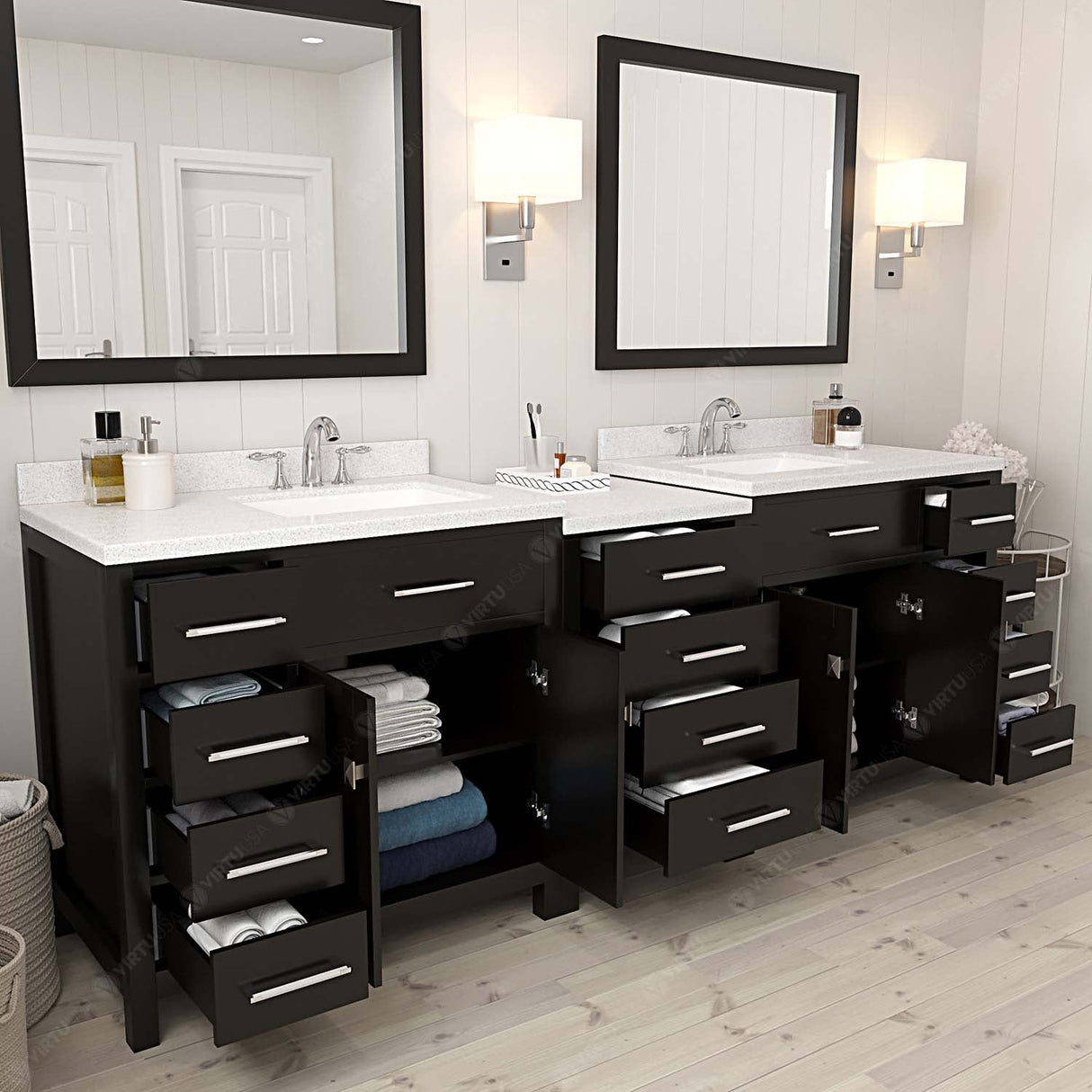 Virtu USA Caroline Parkway 93" Double Bath Vanity with Dazzle White Top and Square Sinks with Polished Chrome Faucets with Matching Mirror