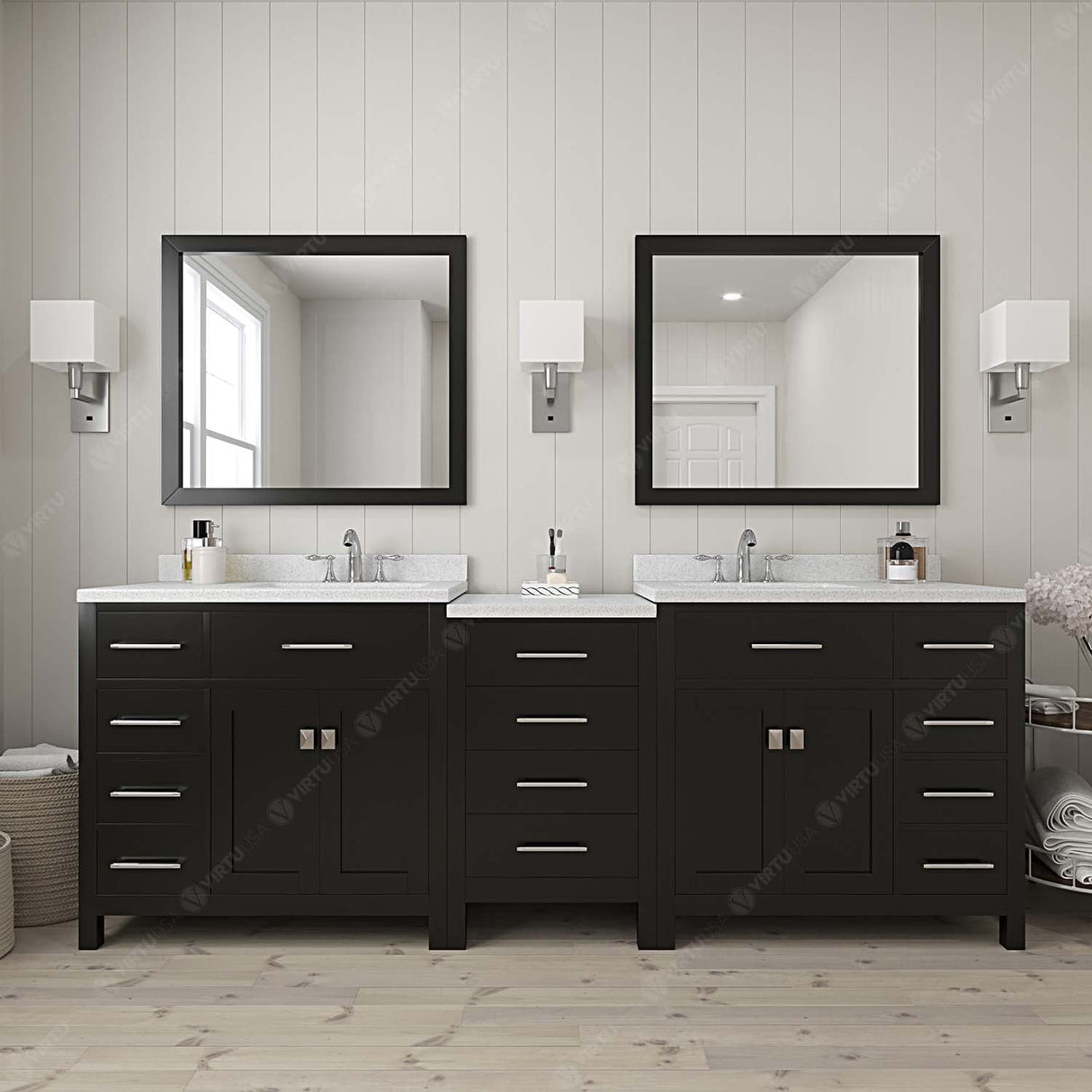 Virtu USA Caroline Parkway 93" Double Bath Vanity with Dazzle White Quartz Top and Square Sinks with Matching Mirror