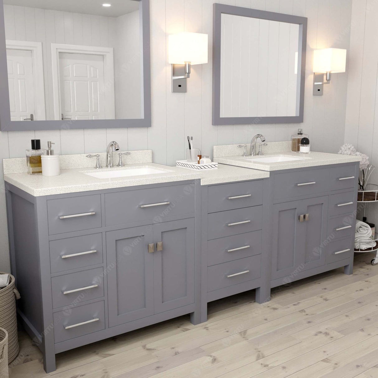 Virtu USA Caroline Parkway 93" Double Bath Vanity with Dazzle White Top and Square Sinks with Brushed Nickel Faucets with Matching Mirror