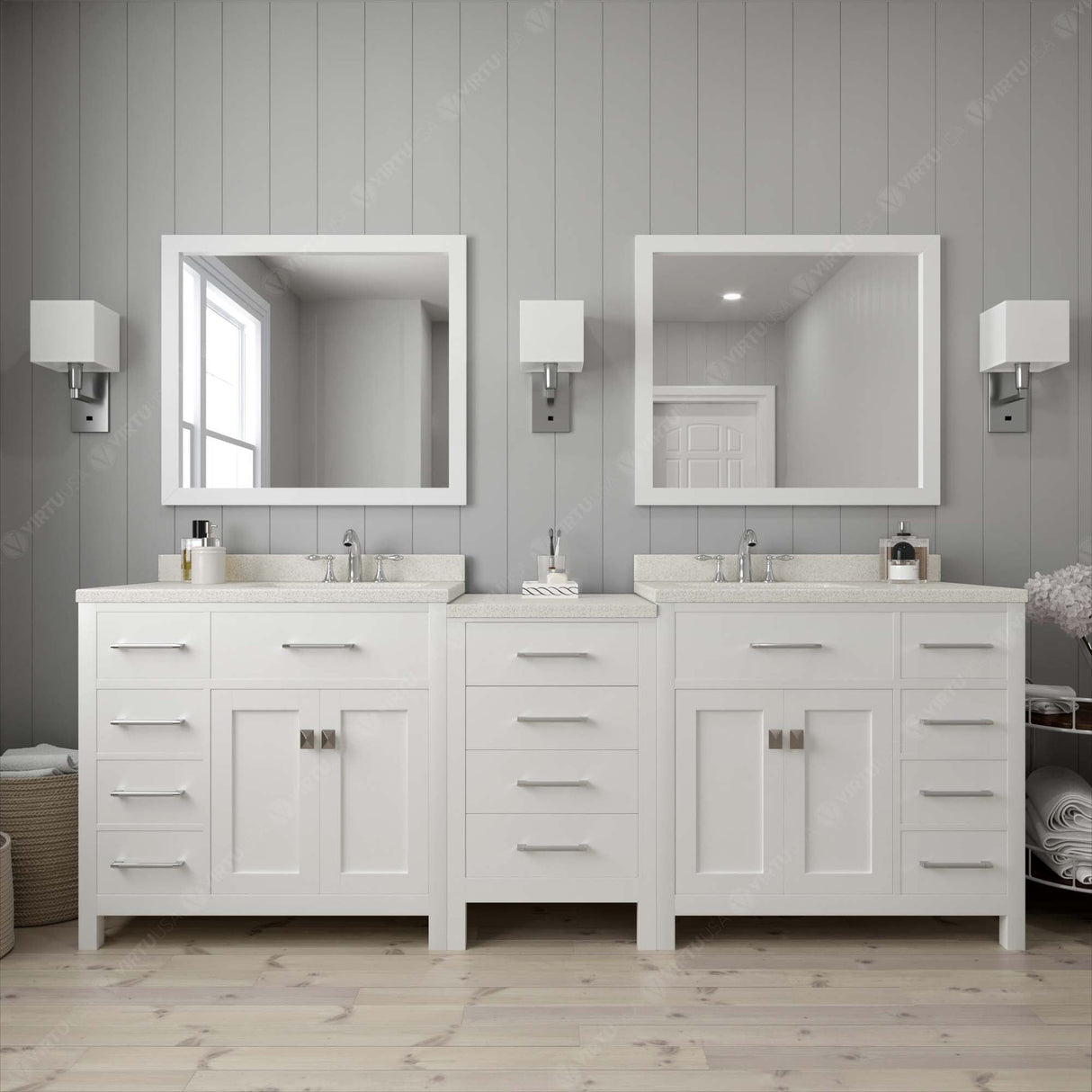 Virtu USA Caroline Parkway 93" Double Bath Vanity with Dazzle White Top and Square Sinks with Brushed Nickel Faucets with Matching Mirror