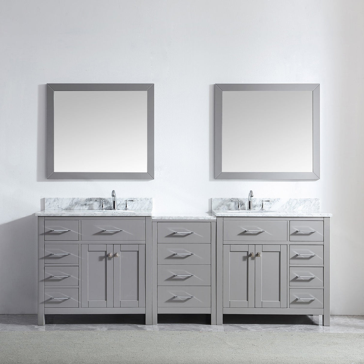 Virtu USA Caroline Parkway 93" Double Bath Vanity with White Marble Top and Round Sinks with Brushed Nickel Faucets with Matching Mirror