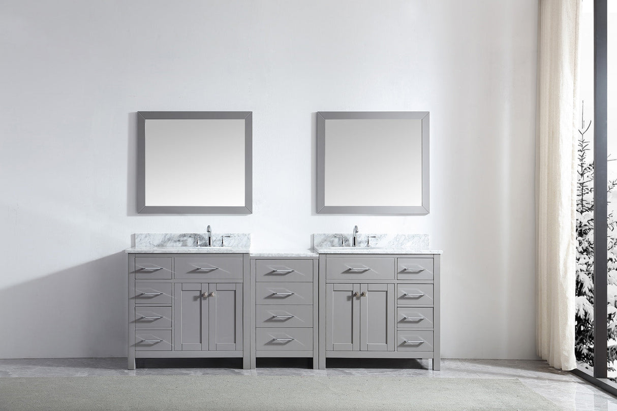 Virtu USA Caroline Parkway 93" Double Bath Vanity with White Marble Top and Round Sinks with Polished Chrome Faucets with Matching Mirror