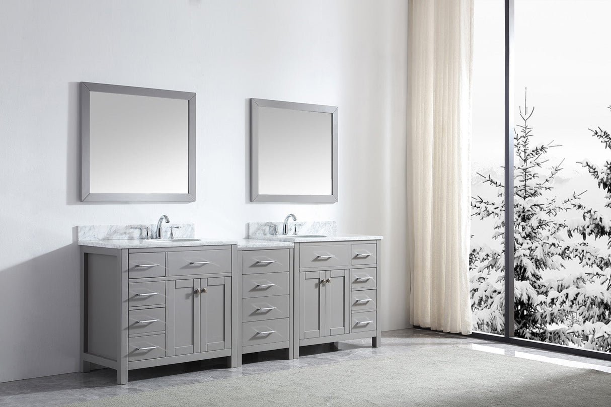 Virtu USA Caroline Parkway 93" Double Bath Vanity with White Marble Top and Round Sinks with Polished Chrome Faucets with Matching Mirror