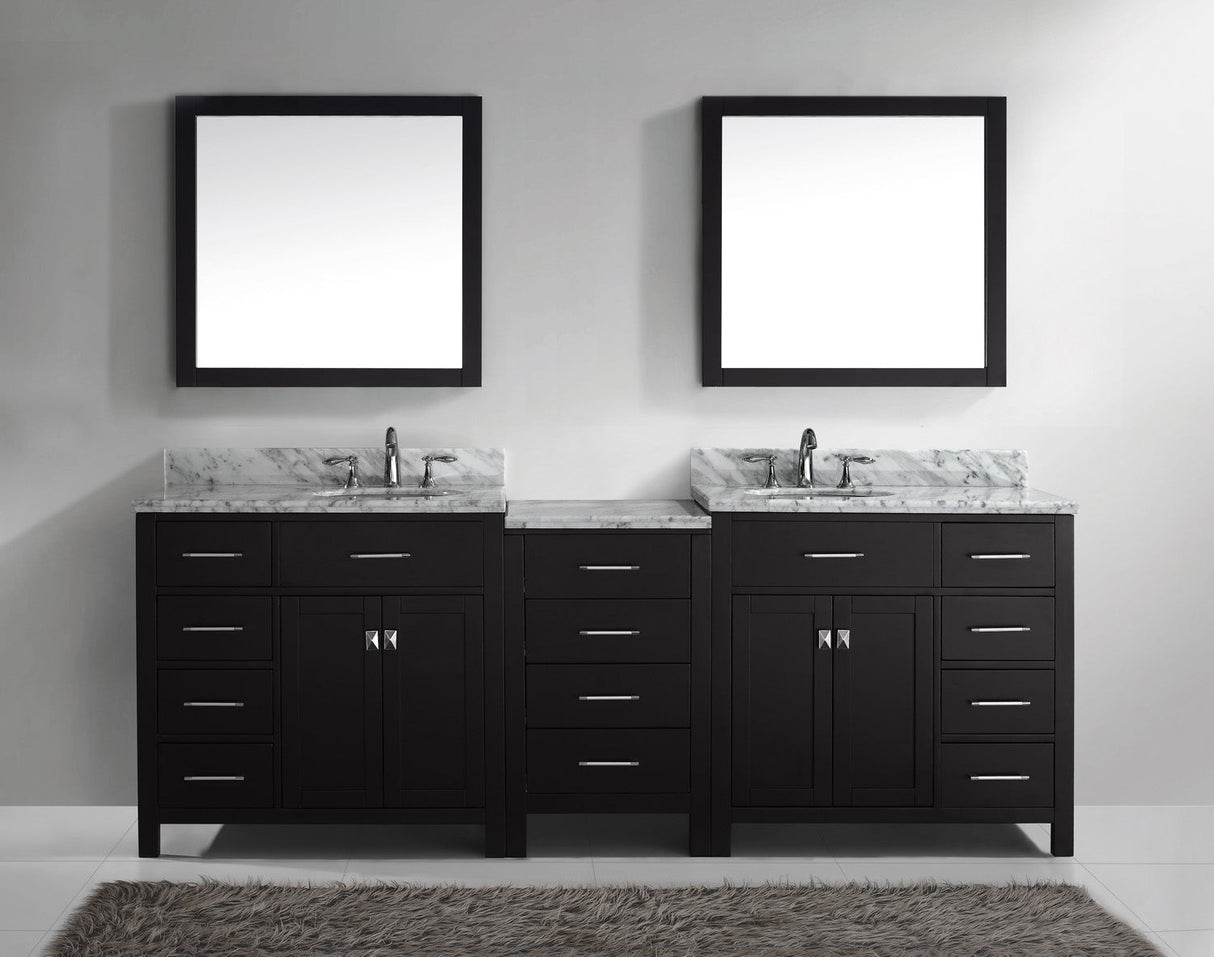 Virtu USA Caroline Parkway 93" Double Bath Vanity with White Marble Top and Round Sinks with Brushed Nickel Faucets with Matching Mirror