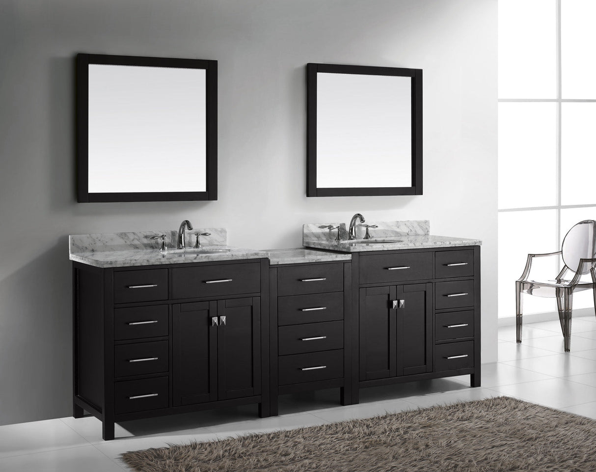 Virtu USA Caroline Parkway 93" Double Bath Vanity with White Marble Top and Round Sinks with Brushed Nickel Faucets with Matching Mirror