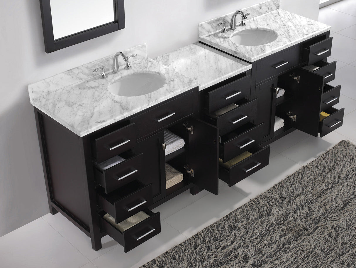 Virtu USA Caroline Parkway 93" Double Bath Vanity with White Marble Top and Round Sinks with Brushed Nickel Faucets with Matching Mirror