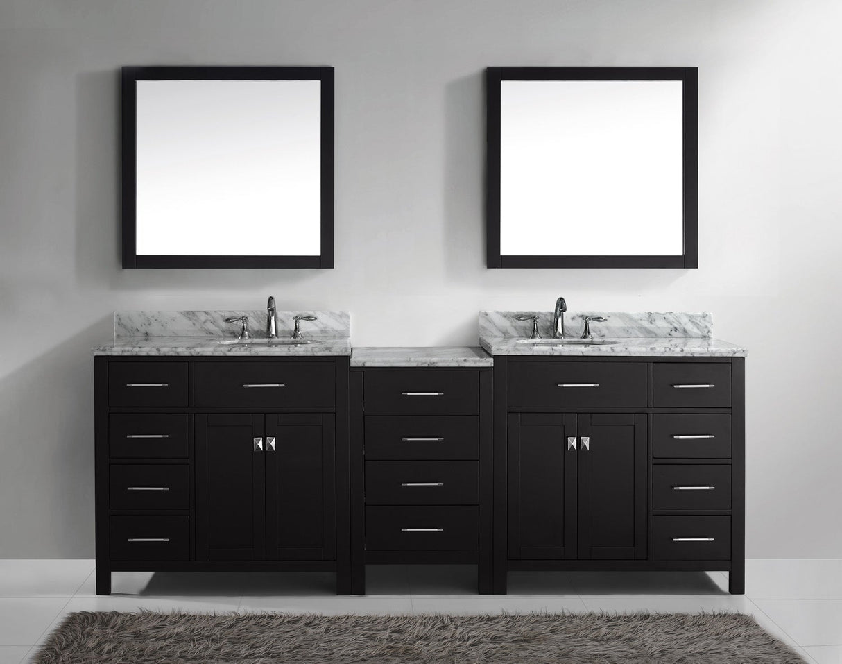 Virtu USA Caroline Parkway 93" Double Bath Vanity with White Marble Top and Round Sinks with Polished Chrome Faucets with Matching Mirror