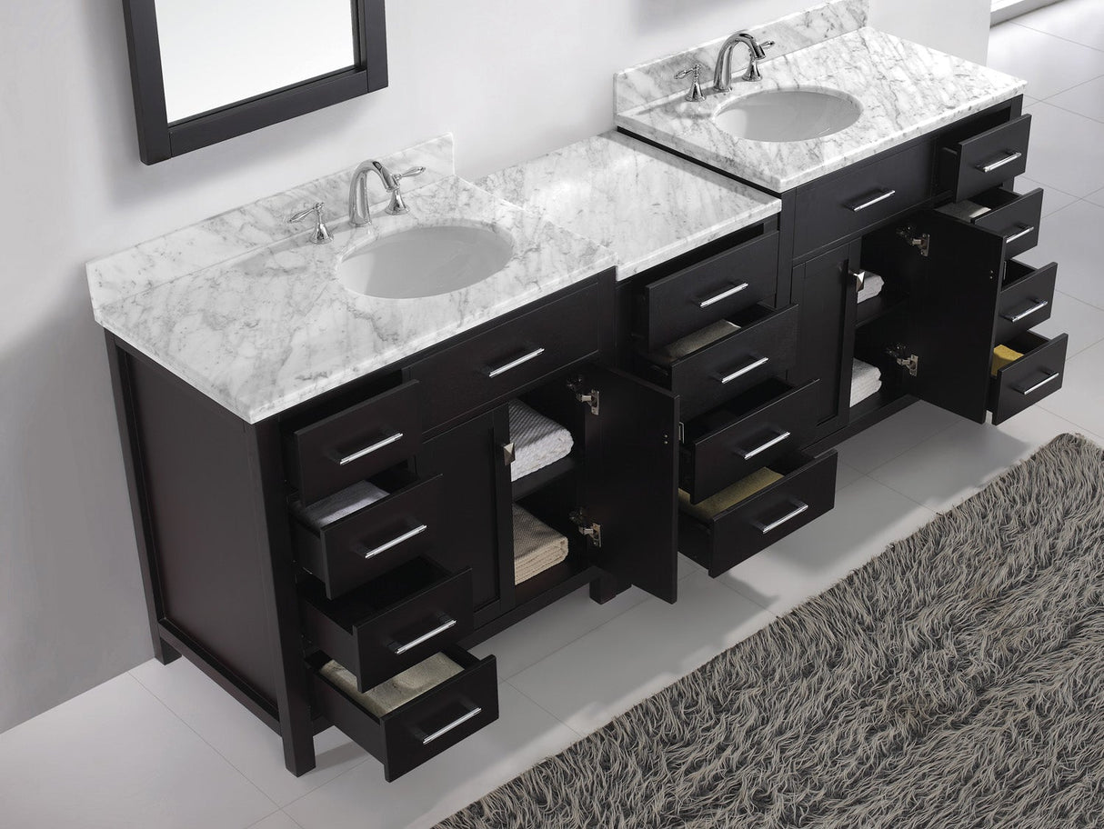 Virtu USA Caroline Parkway 93" Double Bath Vanity with White Marble Top and Round Sinks with Polished Chrome Faucets with Matching Mirror