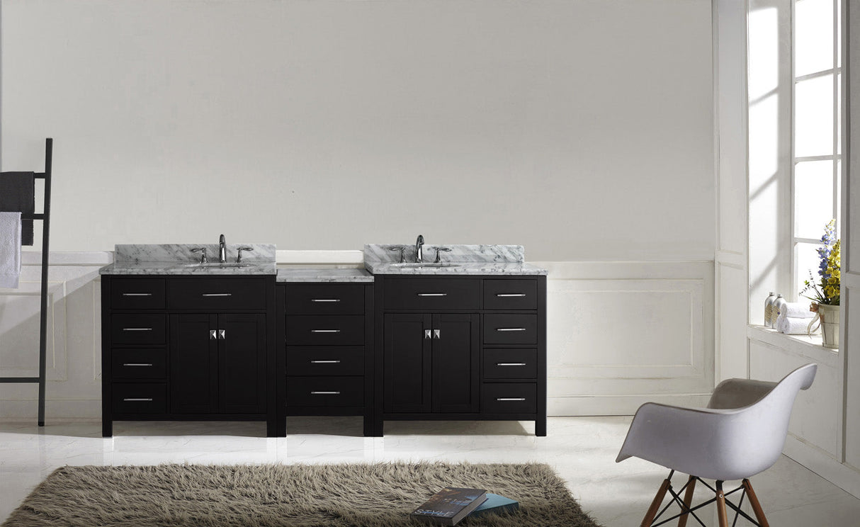 Virtu USA Caroline Parkway 93" Double Bath Vanity with White Marble Top and Square Sinks with Polished Chrome Faucets