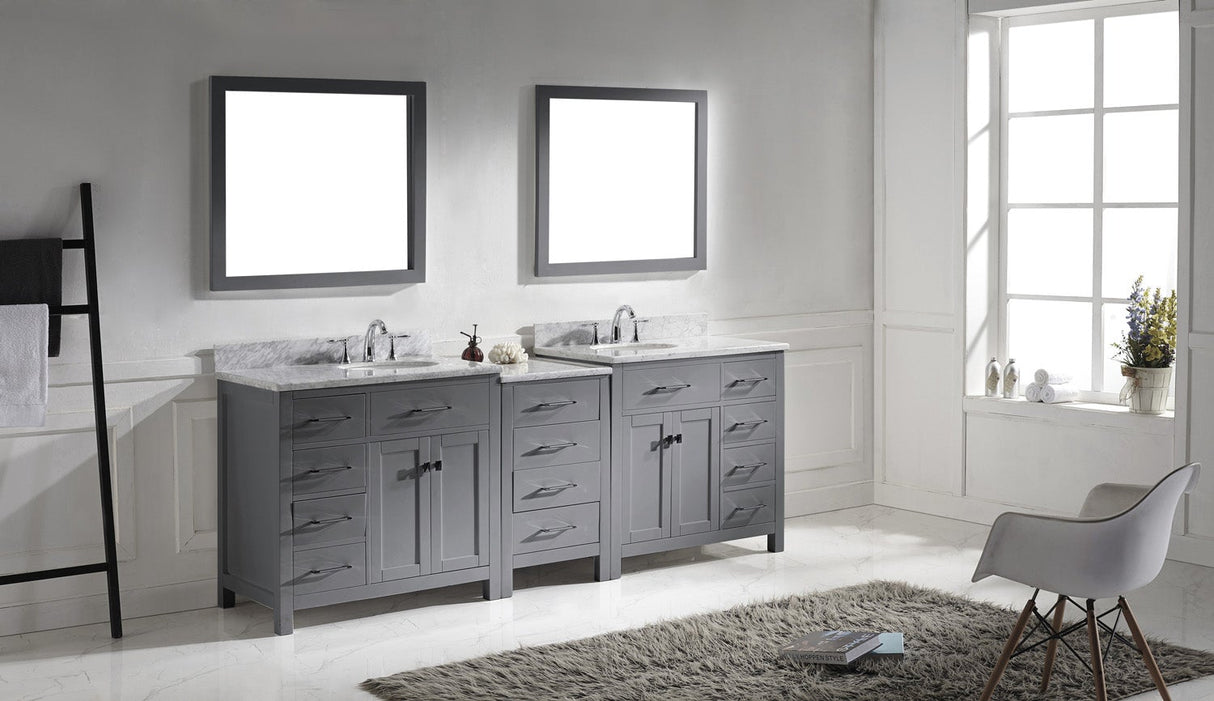 Virtu USA Caroline Parkway 93" Double Bath Vanity with White Marble Top and Round Sinks with Brushed Nickel Faucets with Matching Mirror