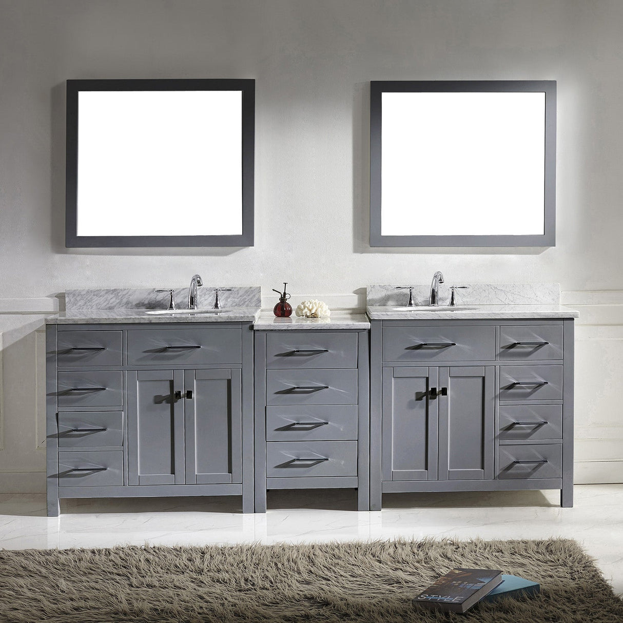 Virtu USA Caroline Parkway 93" Double Bath Vanity with White Marble Top and Round Sinks with Polished Chrome Faucets with Matching Mirror