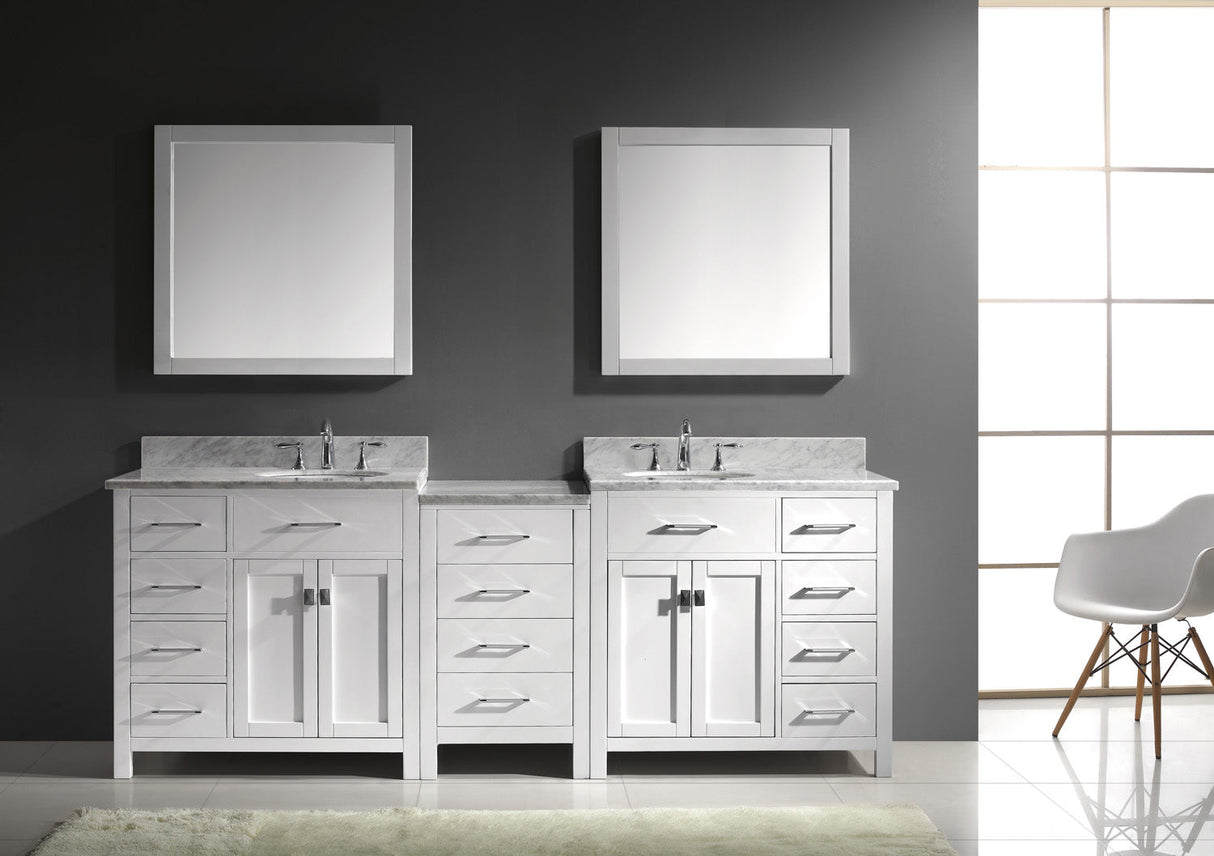 Virtu USA Caroline Parkway 93" Double Bath Vanity with White Marble Top and Round Sinks with Brushed Nickel Faucets with Matching Mirror