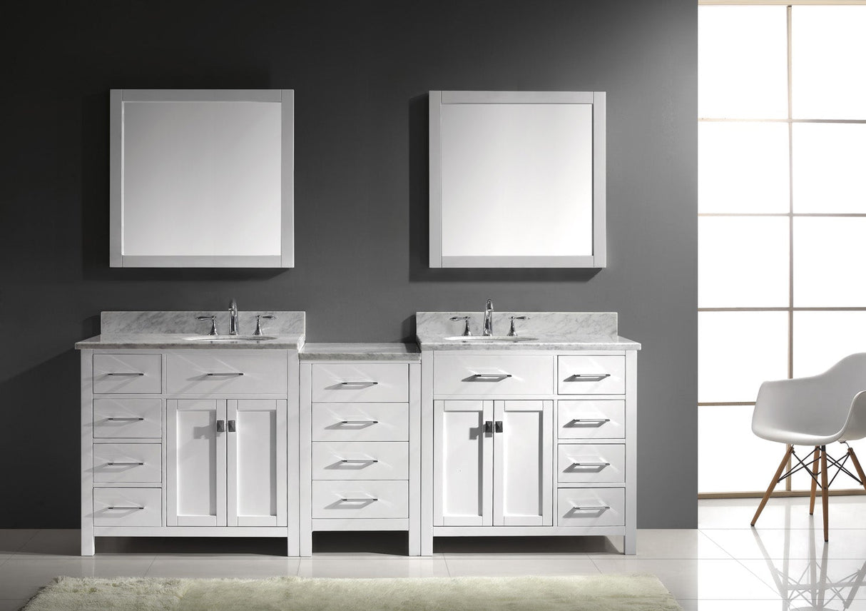 Virtu USA Caroline Parkway 93" Double Bath Vanity with White Marble Top and Round Sinks with Polished Chrome Faucets with Matching Mirror