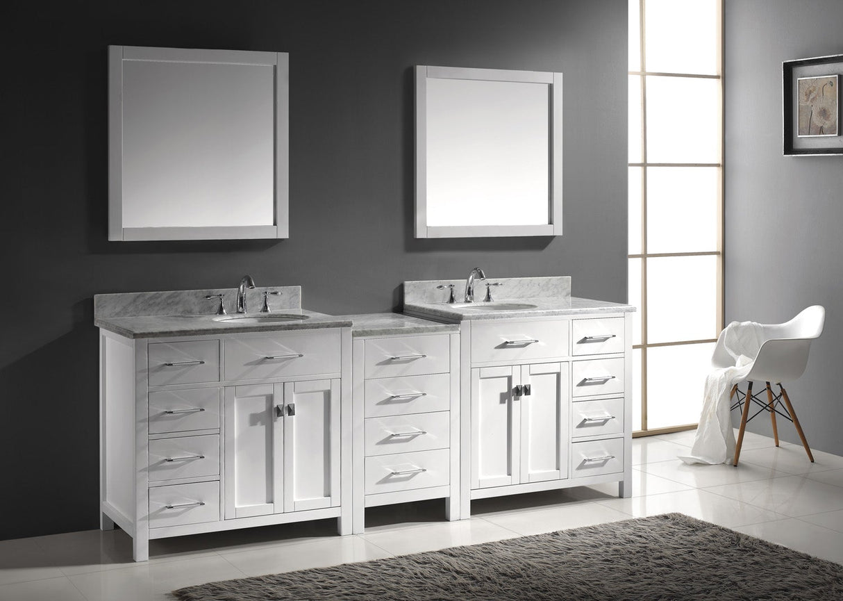 Virtu USA Caroline Parkway 93" Double Bath Vanity with White Marble Top and Round Sinks with Polished Chrome Faucets with Matching Mirror