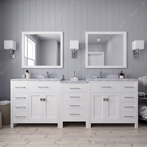 Virtu USA Caroline Parkway 93" Double Bath Vanity with White Marble Top and Round Sinks with Matching Mirror