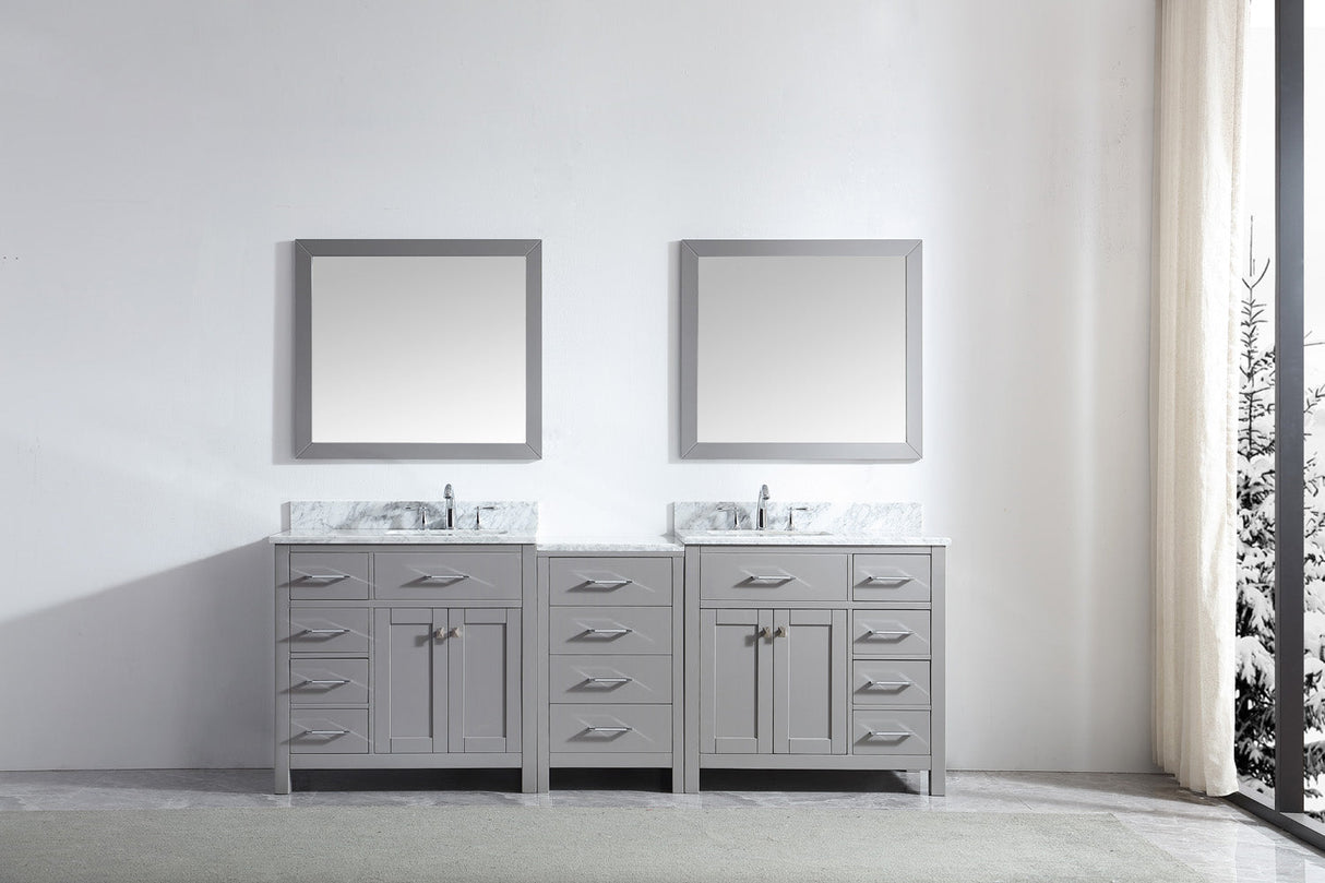 Virtu USA Caroline Parkway 93" Double Bath Vanity with Carrara White Top and Square Sinks with Brushed Nickel Faucets with Matching Mirror