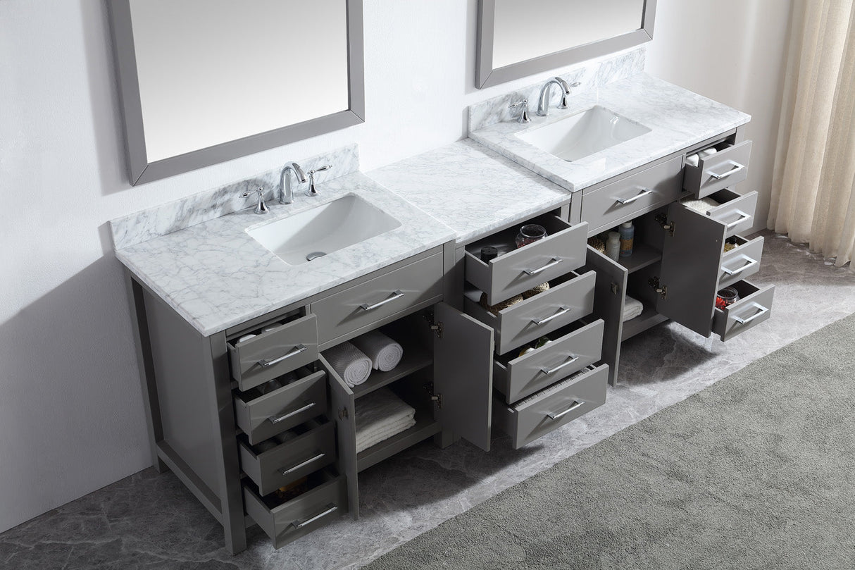 Virtu USA Caroline Parkway 93" Double Bath Vanity with Carrara White Top and Square Sinks with Brushed Nickel Faucets with Matching Mirror