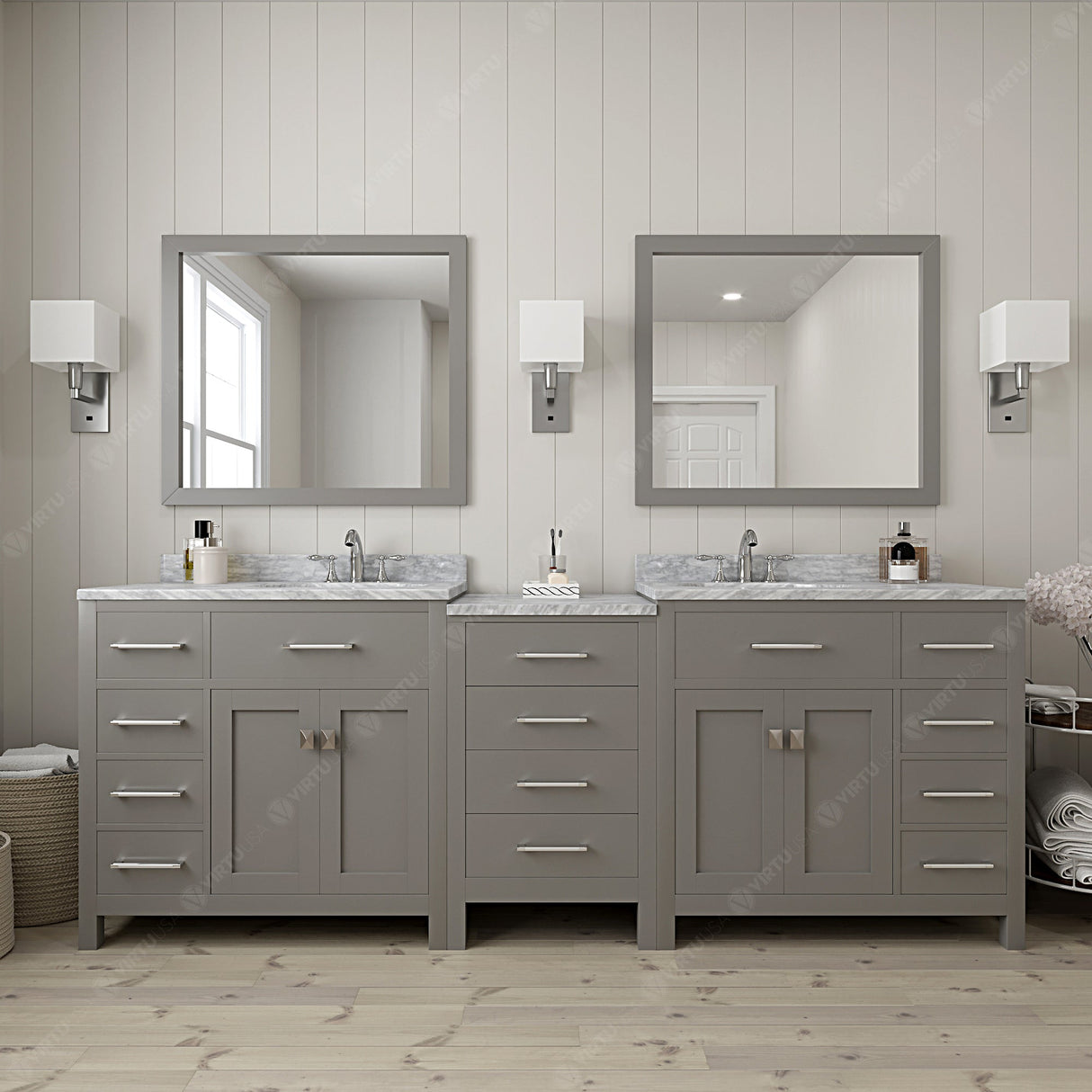 Virtu USA Caroline Parkway 93" Double Bath Vanity with White Marble Top and Square Sinks with Matching Mirror