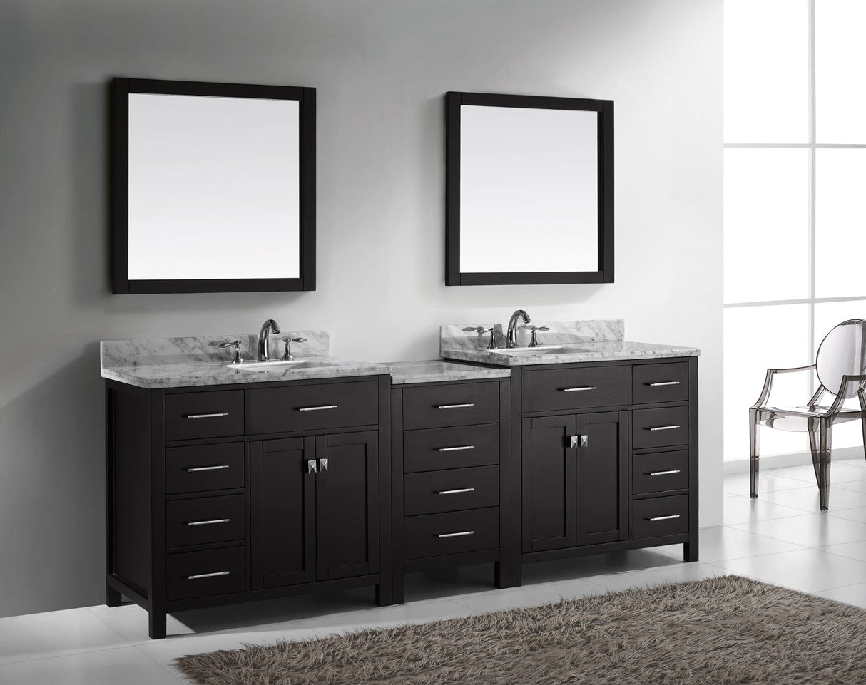Virtu USA Caroline Parkway 93" Double Bath Vanity with White Marble Top and Square Sinks with Polished Chrome Faucets with Matching Mirror