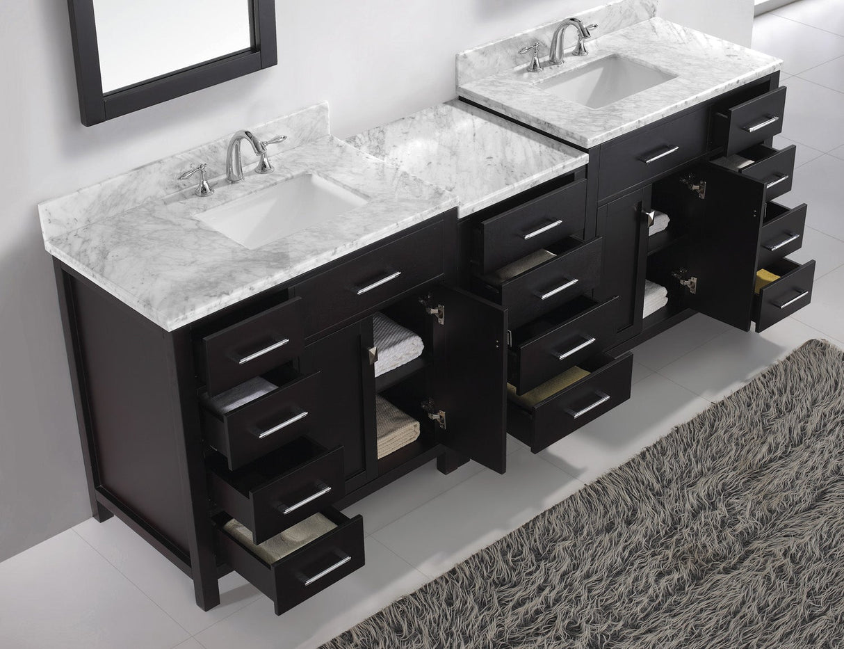 Virtu USA Caroline Parkway 93" Double Bath Vanity with White Marble Top and Square Sinks with Polished Chrome Faucets with Matching Mirror