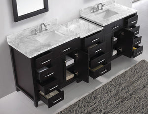 Virtu USA Caroline Parkway 93" Double Bath Vanity with White Marble Top and Square Sinks with Polished Chrome Faucets with Matching Mirror