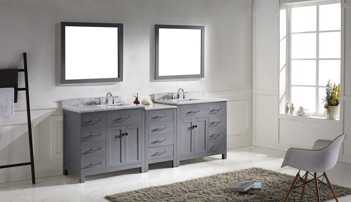 Virtu USA Caroline Parkway 93" Double Bath Vanity with White Marble Top and Square Sinks with Polished Chrome Faucets with Matching Mirror