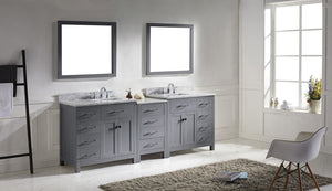 Virtu USA Caroline Parkway 93" Double Bath Vanity with White Marble Top and Square Sinks with Polished Chrome Faucets with Matching Mirror