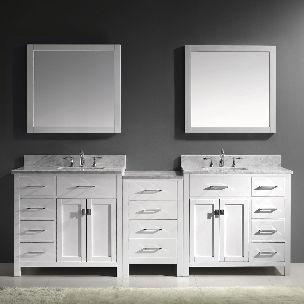 Virtu USA Caroline Parkway 93" Double Bath Vanity with White Marble Top and Square Sinks with Polished Chrome Faucets with Matching Mirror
