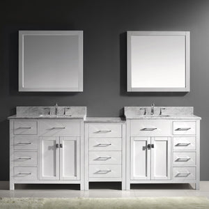 Virtu USA Caroline Parkway 93" Double Bath Vanity with White Marble Top and Square Sinks with Polished Chrome Faucets with Matching Mirror