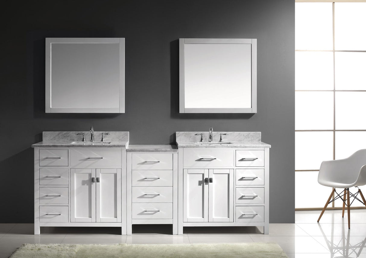 Virtu USA Caroline Parkway 93" Double Bath Vanity with White Marble Top and Square Sinks with Polished Chrome Faucets with Matching Mirror