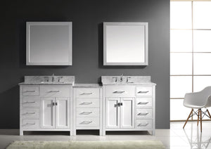 Virtu USA Caroline Parkway 93" Double Bath Vanity with White Marble Top and Square Sinks with Polished Chrome Faucets with Matching Mirror