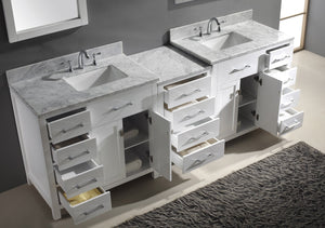 Virtu USA Caroline Parkway 93" Double Bath Vanity with White Marble Top and Square Sinks with Polished Chrome Faucets with Matching Mirror