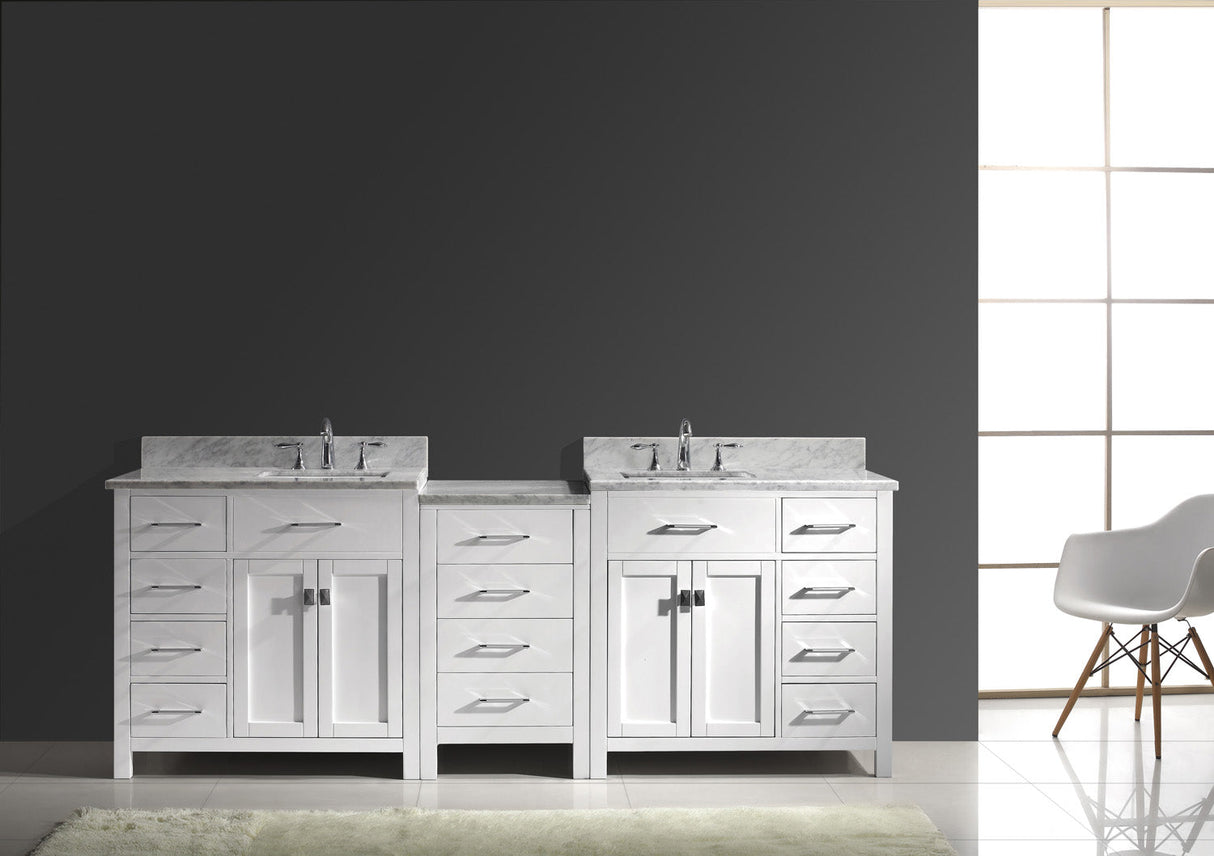 Virtu USA Caroline Parkway 93" Double Bath Vanity with Carrara White Top and Square Sinks with Brushed Nickel Faucets with Matching Mirror