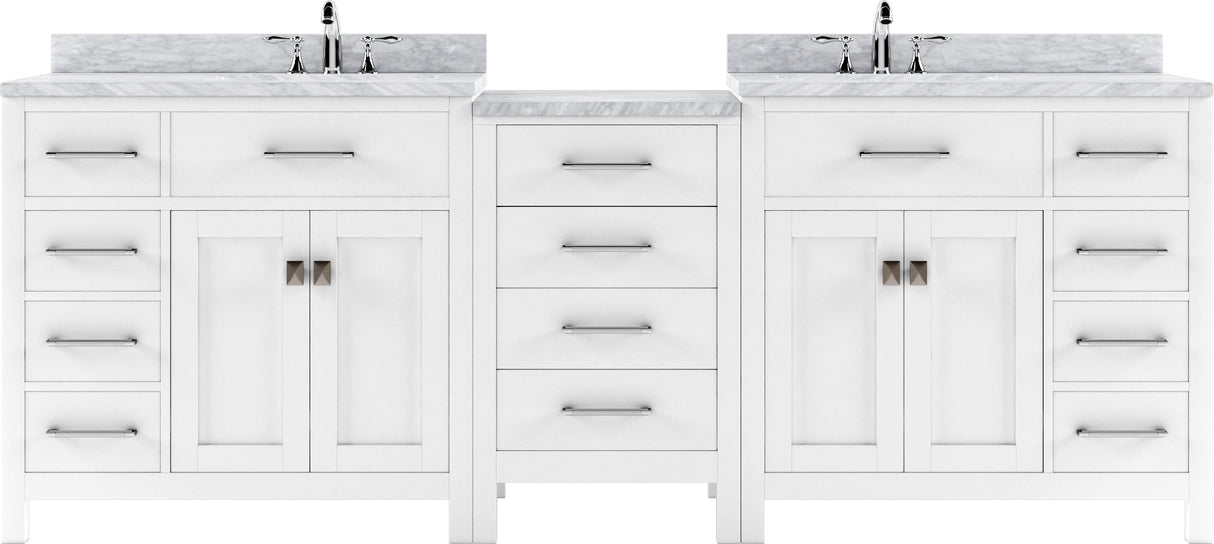 Virtu USA Caroline Parkway 93" Double Bath Vanity with Carrara White Top and Square Sinks with Brushed Nickel Faucets with Matching Mirror