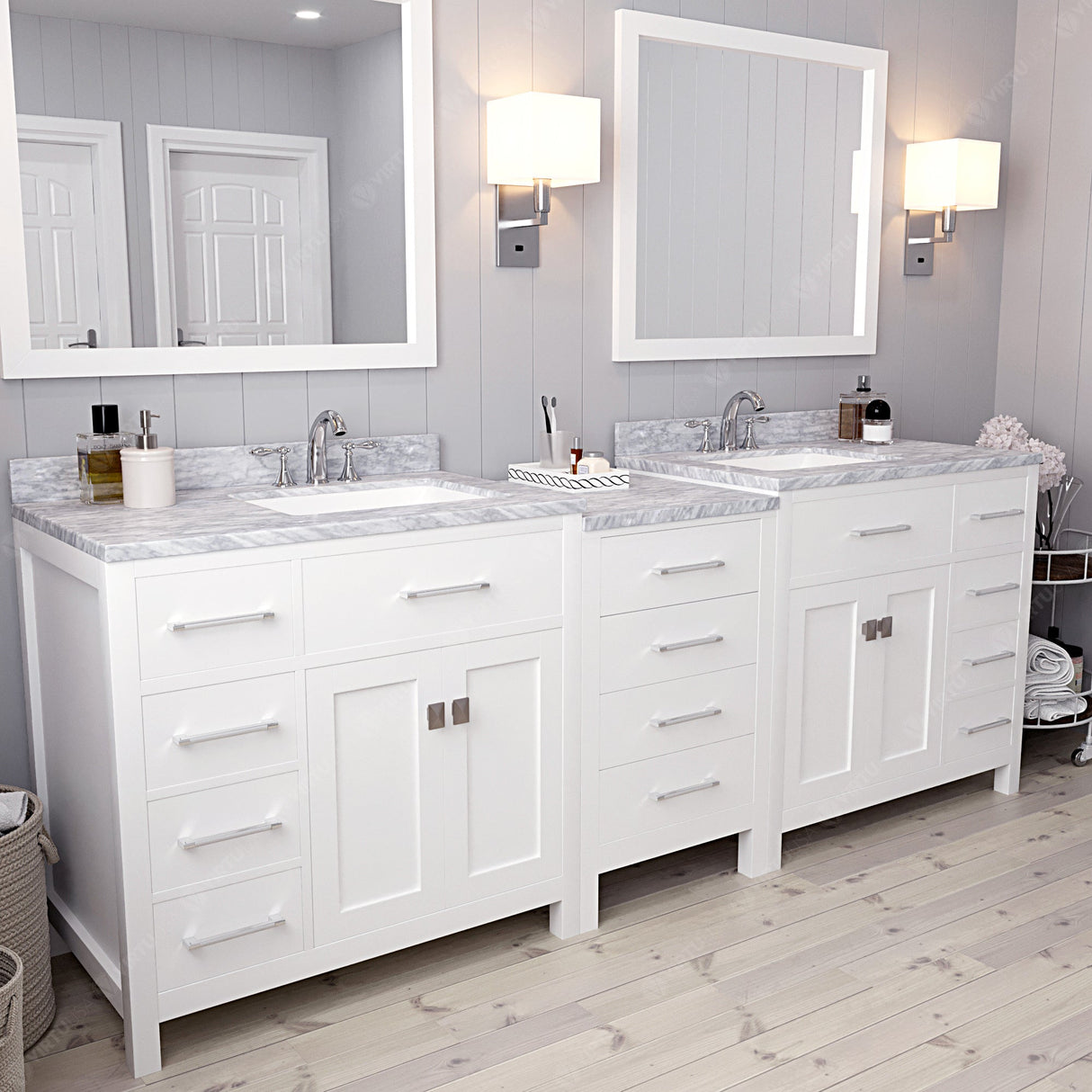 Virtu USA Caroline Parkway 93" Double Bath Vanity with Carrara White Top and Square Sinks with Brushed Nickel Faucets with Matching Mirror