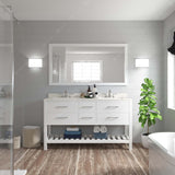 Virtu USA Caroline Estate 60" Double Bath Vanity with Dazzle White Top and Round Sinks with Polished Chrome Faucets with Matching Mirror