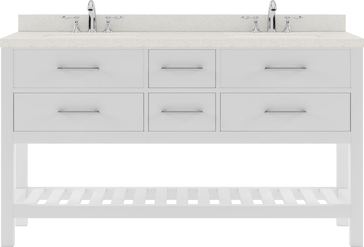 Virtu USA Caroline Estate 60" Double Bath Vanity with Dazzle White Top and Round Sinks with Polished Chrome Faucets with Matching Mirror