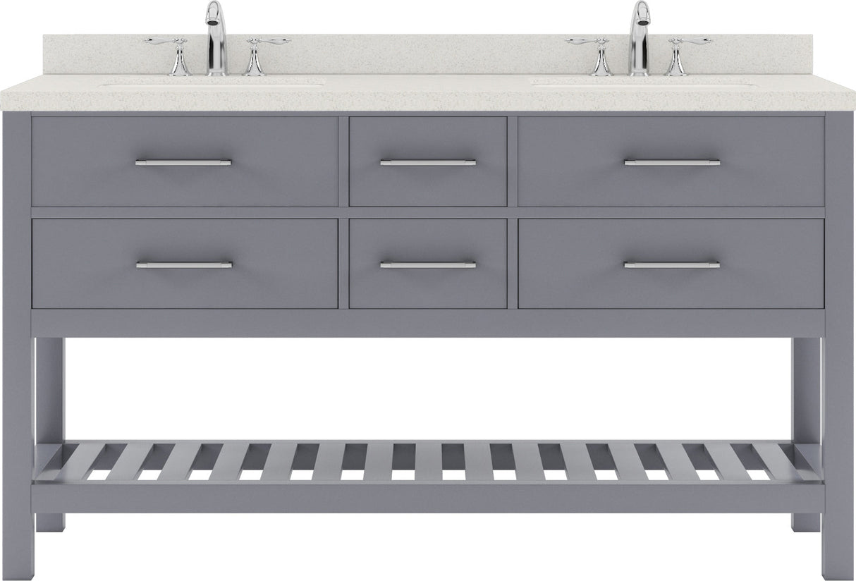 Virtu USA Caroline Estate 60" Double Bath Vanity with Daazzle White Top and Square Sinks with Polished Chrome Faucets with Matching Mirrors