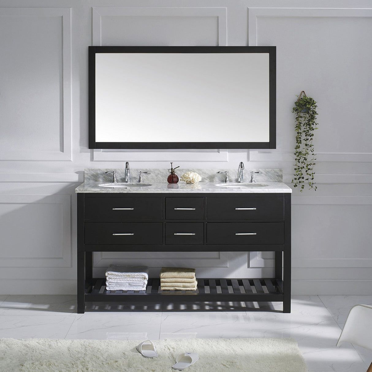 Virtu USA Caroline Estate 60" Double Bath Vanity with White Marble Top and Round Sinks with Matching Mirror