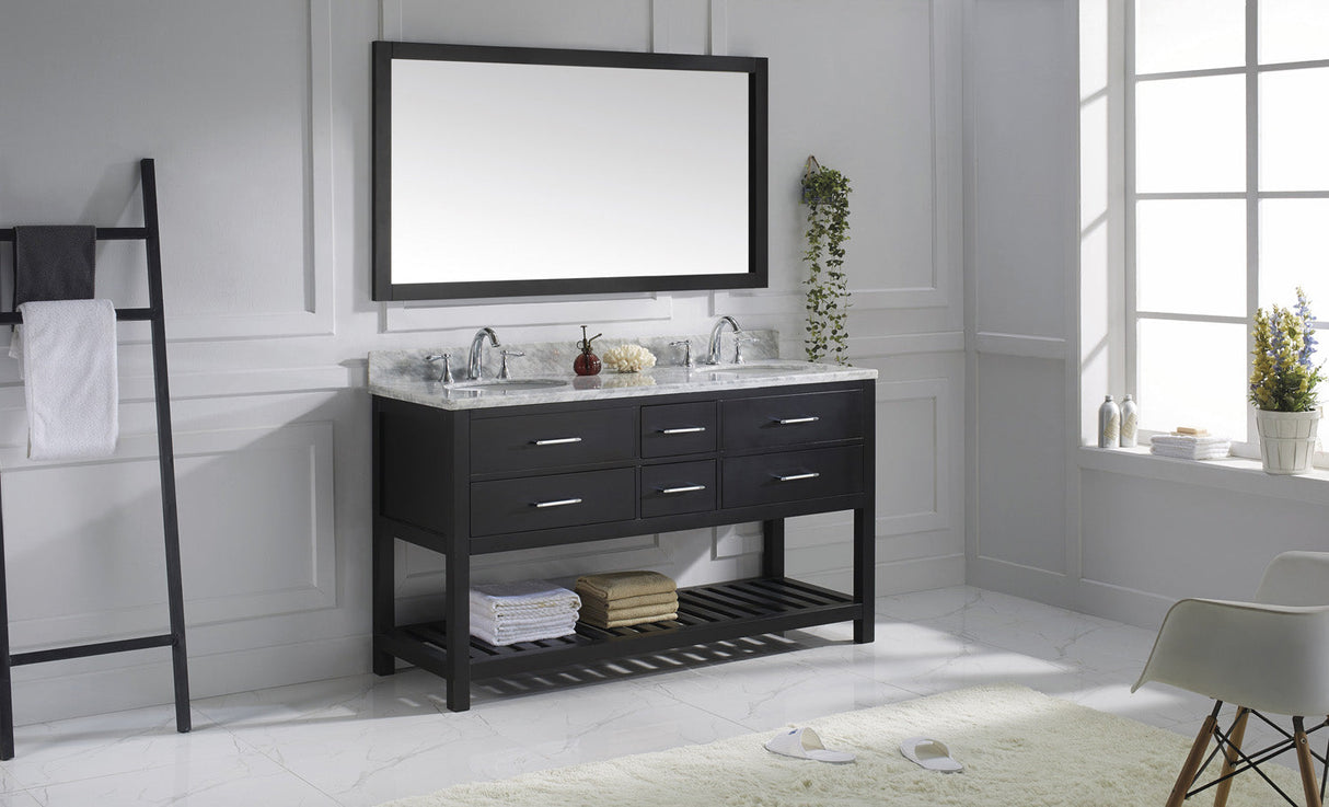 Virtu USA Caroline Estate 60" Double Bath Vanity with White Marble Top and Round Sinks with Matching Mirror