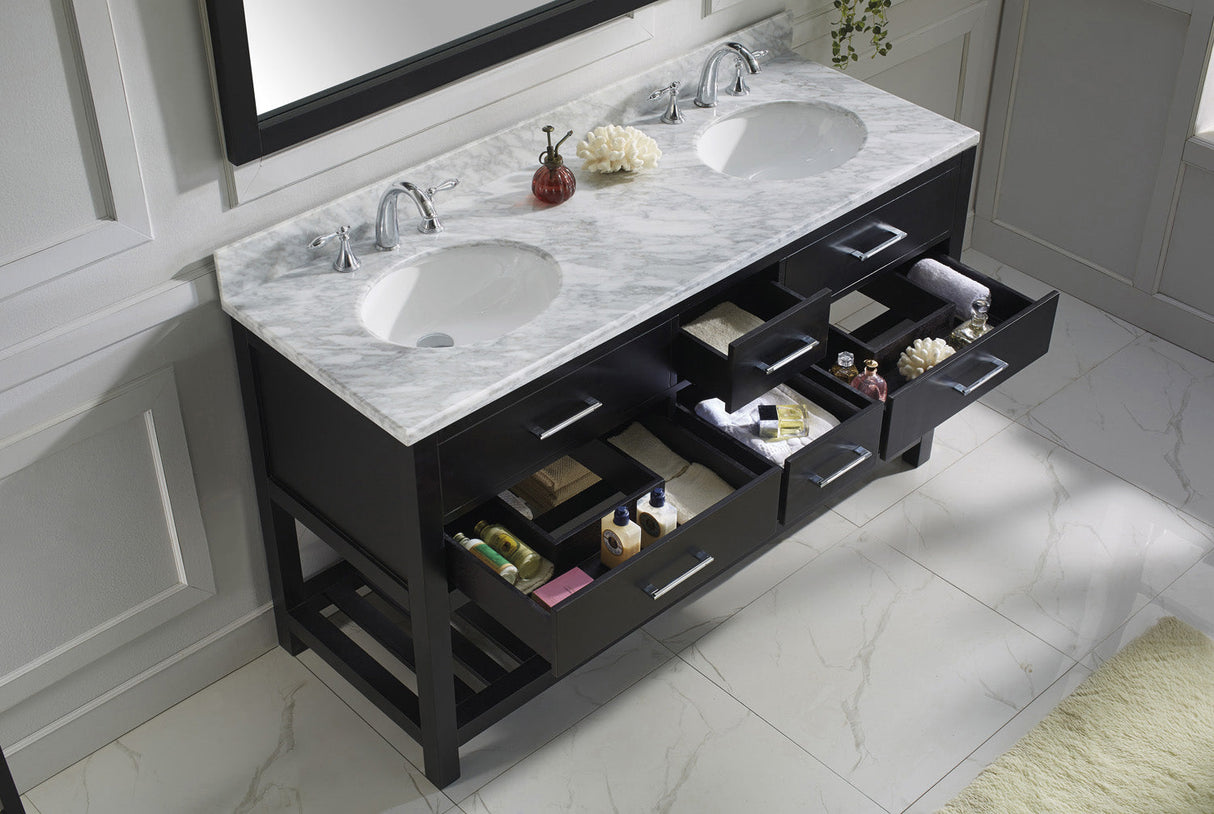 Virtu USA Caroline Estate 60" Double Bath Vanity with White Marble Top and Round Sinks with Matching Mirror