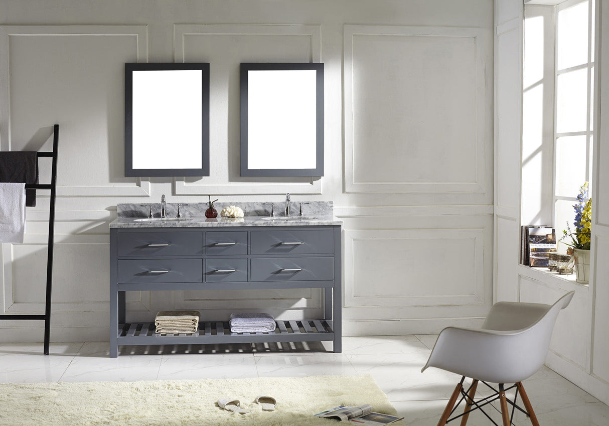 Virtu USA Caroline Estate 60" Double Bath Vanity with White Marble Top and Round Sinks with Polished Chrome Faucets with Matching Mirrors