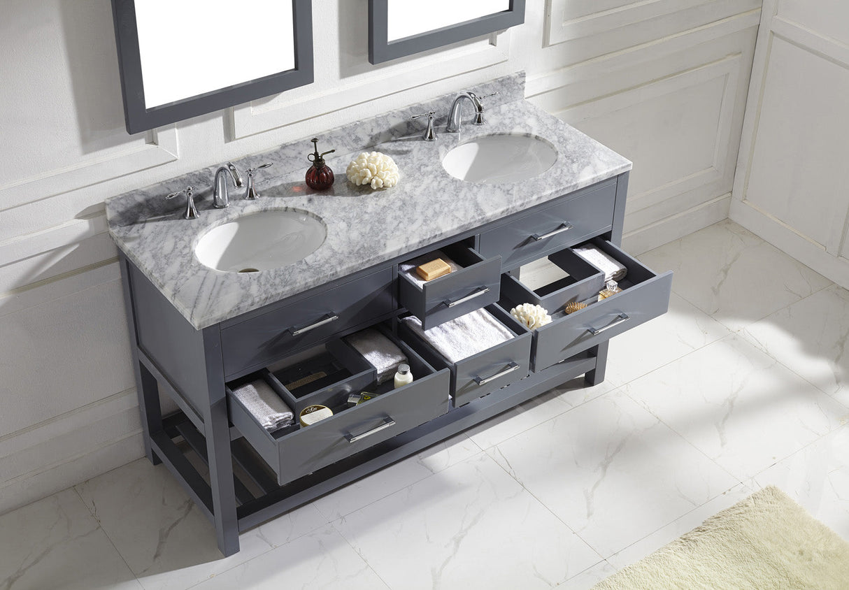 Virtu USA Caroline Estate 60" Double Bath Vanity with White Marble Top and Round Sinks with Polished Chrome Faucets with Matching Mirrors