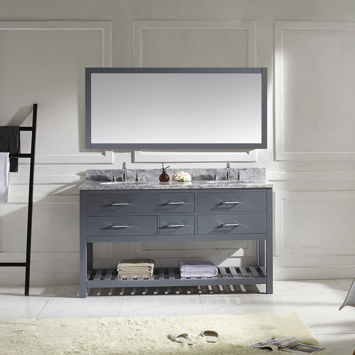 Virtu USA Caroline Estate 60" Double Bath Vanity with White Marble Top and Round Sinks with Matching Mirror