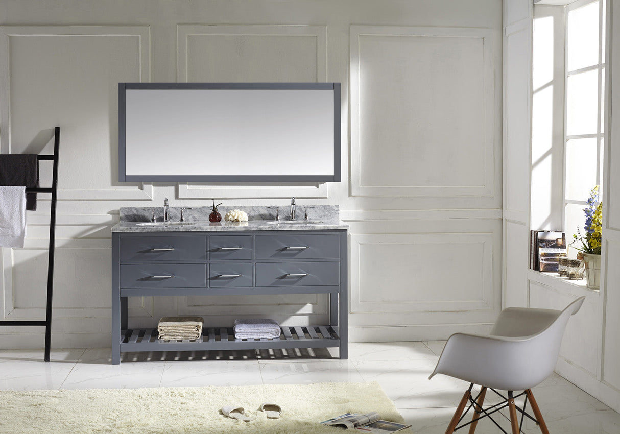 Virtu USA Caroline Estate 60" Double Bath Vanity with White Marble Top and Round Sinks with Matching Mirror