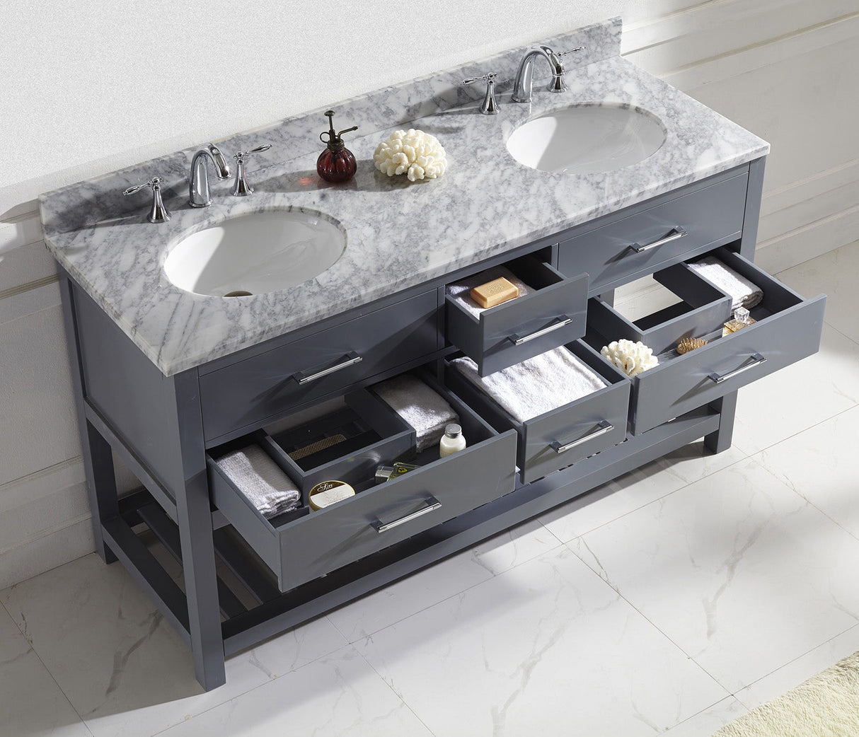 Virtu USA Caroline Estate 60" Double Bath Vanity with White Marble Top and Round Sinks with Matching Mirror