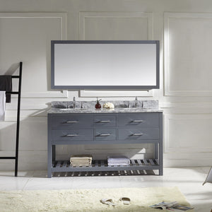 Virtu USA Caroline Estate 60" Double Bath Vanity with White Marble Top and Round Sinks with Brushed Nickel Faucets with Matching Mirror