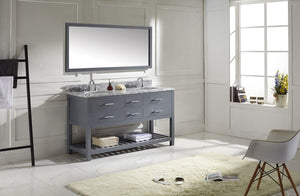 Virtu USA Caroline Estate 60" Double Bath Vanity with White Marble Top and Round Sinks with Brushed Nickel Faucets with Matching Mirror